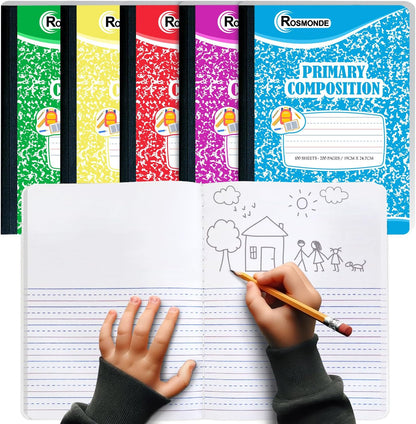 Rosmonde 5 Pack Primary Composition Notebook, 200 Pages (100 Sheets), Drawing Story Journal Writing Notebook, 9-3/4 x 7-1/2, Primary Composition Notebooks, Grades K-2, With Header For Drawing