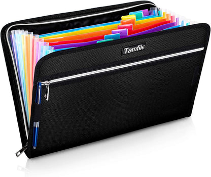 Tamfile Fireproof Accordion File Organizer with Handle, 13 Pocket Transparent Expanding File Folder with Zipper & Labels, File Folder with Multi-Pockets Paper Organizer Folder for Letter A4 Files