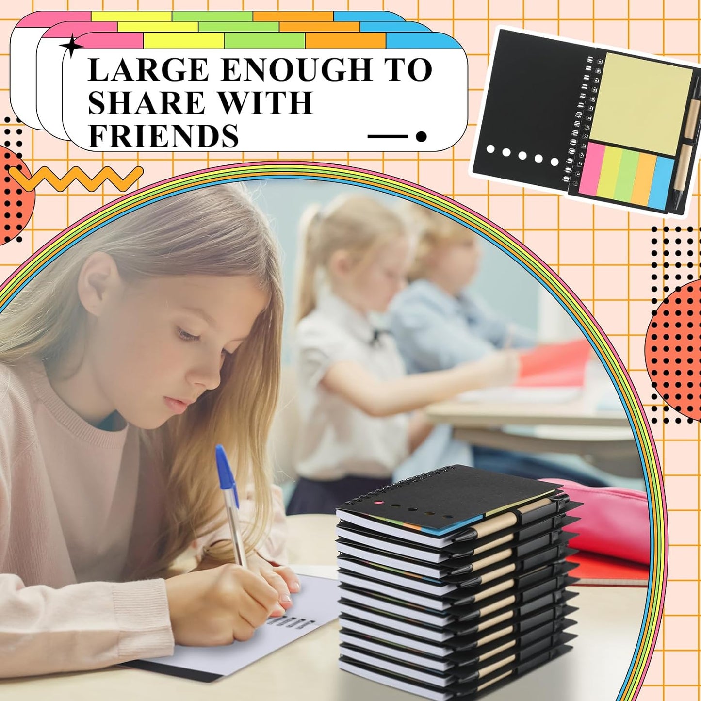 Qilery 30 Pack Composition Lined Spiral Notebook Small Notepad and Pen Set Steno Pads Lined Notepad Black Pocket Notebook for Business Office School Supplies