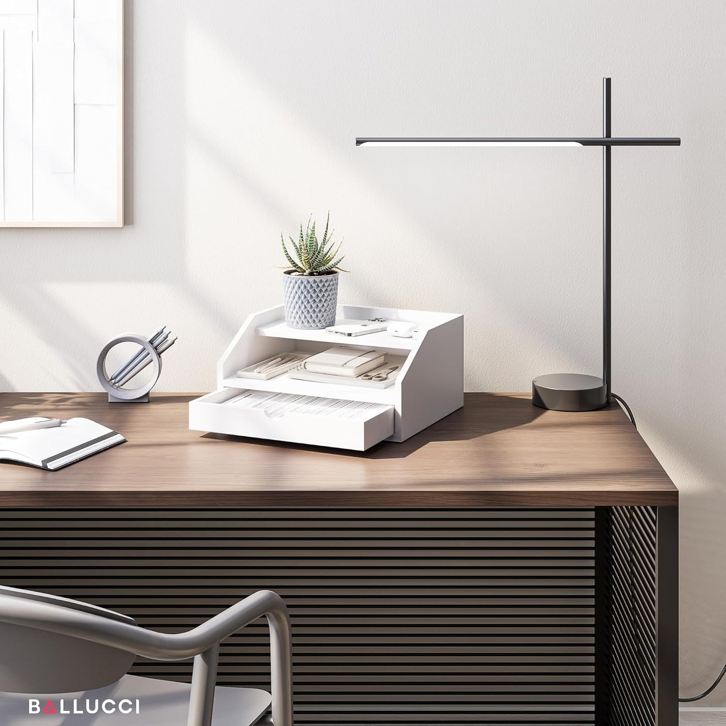 Ballucci Desk Organizer with Drawer, 2 Tier Paper Office Supplies Desk Organizer, 13 2/5" x 9 3/5" x 6", Black