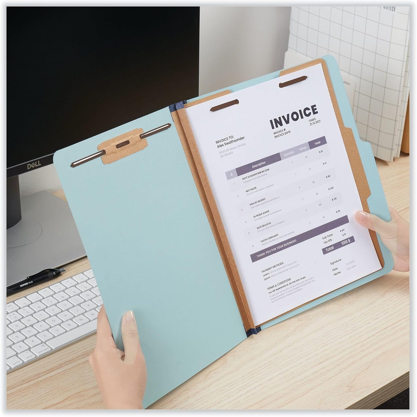 Universal Light Blue Top Tab Classification Fastener Folder, Letter Size, 2/5 Cut, 1 Divider, 4 Fasteners, Pack of 20