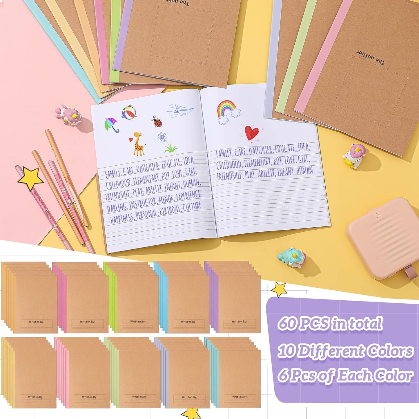 Henoyso 60 Pack Primary Composition Notebook, 9-3/4" x 7-1/2", Kids Primary Journal, K-2 Writing Notebook for Kids Student Draw Write Story Journal Half Blank Books(Macaron Color)
