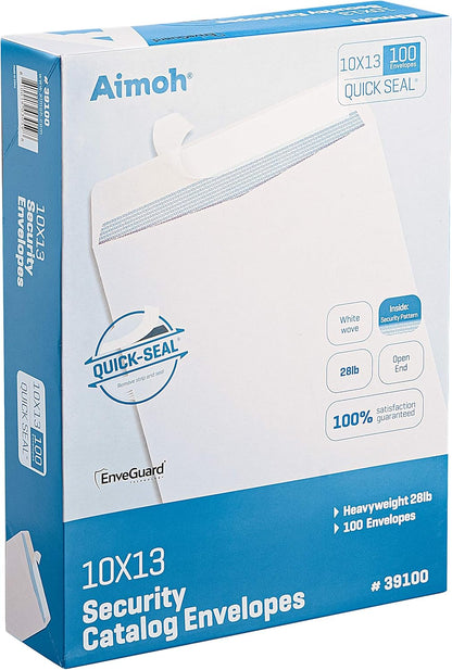 Aimoh 100 10 x 13 Self-Seal Security White Catalog Envelopes - 28lb, 100 Count, Security Tinted, Ultra Strong Quick-Seal, 10x13 inch (39100)