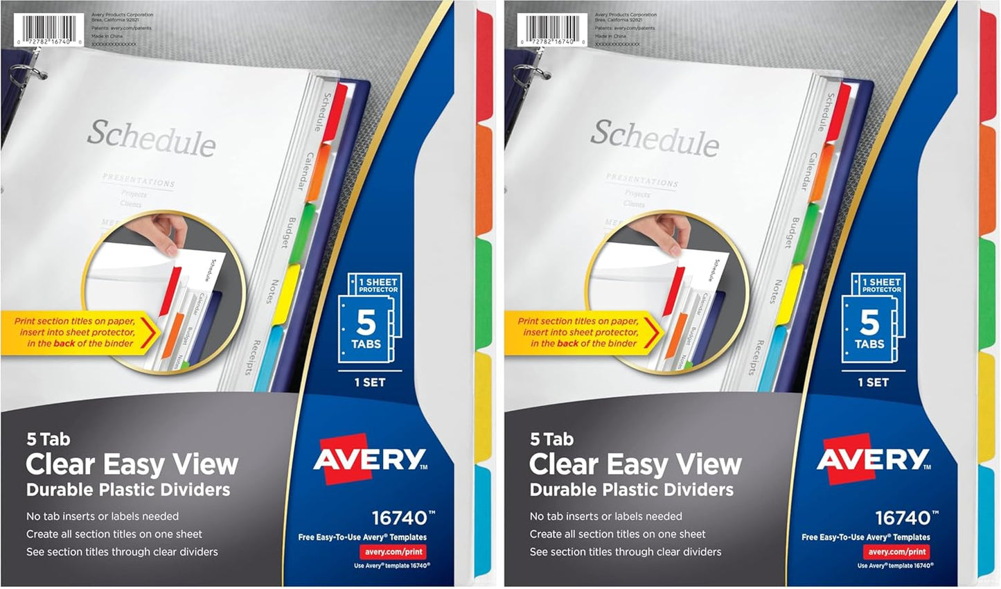 Avery Clear Easy View Durable Plastic Dividers for 3 Ring Binders, 5-Tab Set, Bright Multicolor, 1 Set (16740)