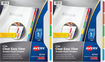 Avery Clear Easy View Durable Plastic Dividers for 3 Ring Binders, 5-Tab Set, Bright Multicolor, 1 Set (16740)