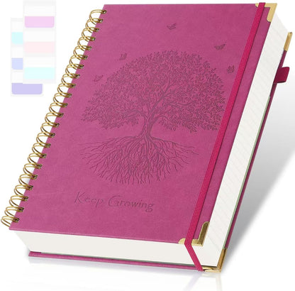 Spiral Notebook, College Ruled Notebook, 8" x 10", 300 Pages Leather Journals for Writing, B5 Hardcover Journaling Notebooks for Work School, 24pcs Tabs, Large Embossed Journal for Women Men, Black