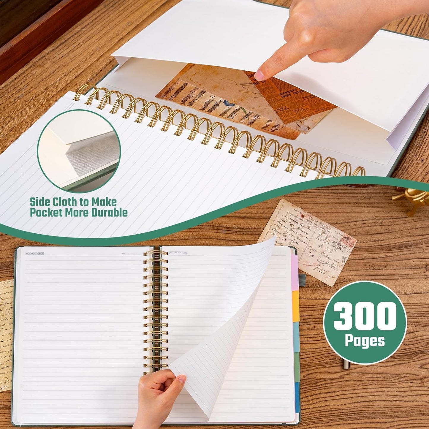 Ovesmusl Hardcover Spiral Notebook 8.5" x 11" with 5 Removable Dividers 300 Pages Leather 5 Subject Notebook College Ruled 100GSM Large Spiral Notebooks for Work Thick Lined Journal for Women, Green