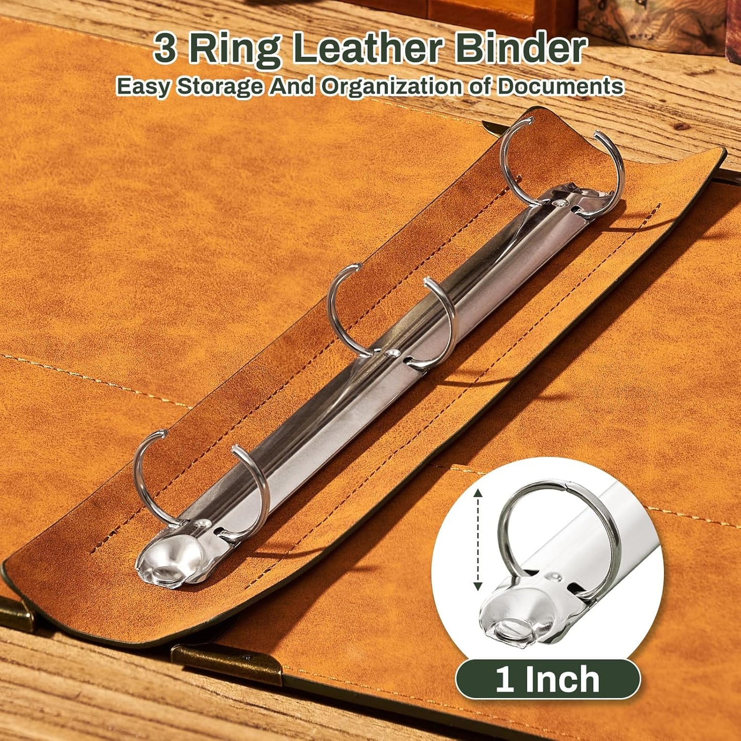 Ovesmusl Leather 3 Ring Binder 1 Inch Round Ring Binder Fits 200 Sheets 8.5"x11" Letter Size Paper, Wedding Family History Notebook Cover Loose Leaf Organizer, Brown