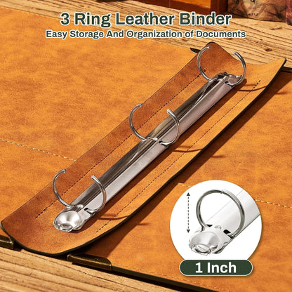 Ovesmusl Leather 3 Ring Binder 1 Inch Round Ring Binder Fits 200 Sheets 8.5"x11" Letter Size Paper, Wedding Family History Notebook Cover Loose Leaf Organizer, Brown