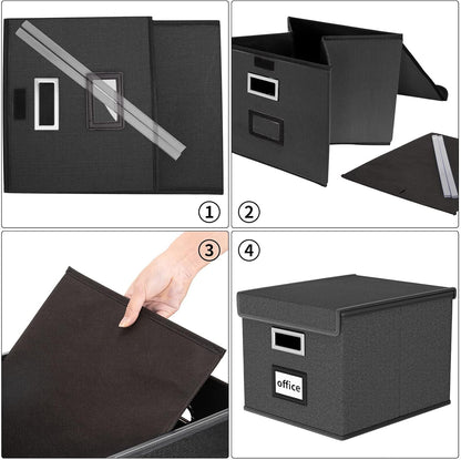 Huolewa Upgraded Portable File Organizer Box with Lid, Collapsible Linen Hanging Filing Storage Boxes with Plastic Slides, Decorative Home/Office Filing System Box for File and Folders Storage (Gray)