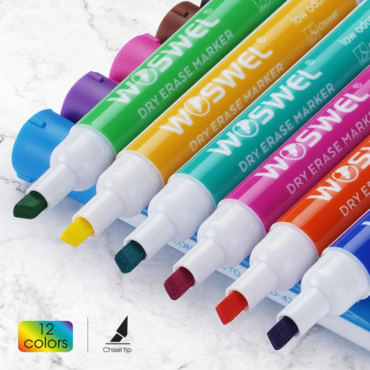 WOSWEL Dry Erase Markers, 60 Bulk Pack, 12 Assorted Colors Chisel Tip Whiteboard Markers, Chisel Point Low Odor Dry Erase Markers