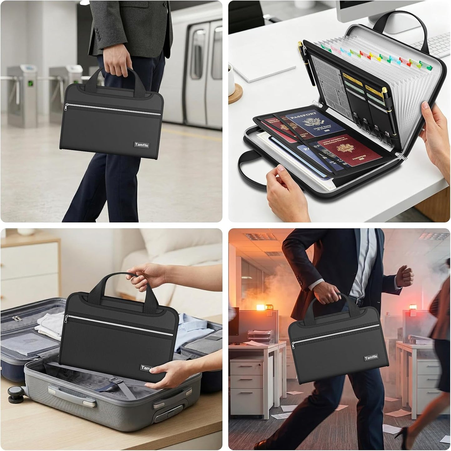 Tamfile Fireproof Accordion File Organizer with Handle, 13 Pocket Transparent Expanding File Folder with Zipper & Labels, File Folder with Multi-Pockets Paper Organizer Folder for Letter A4 Files