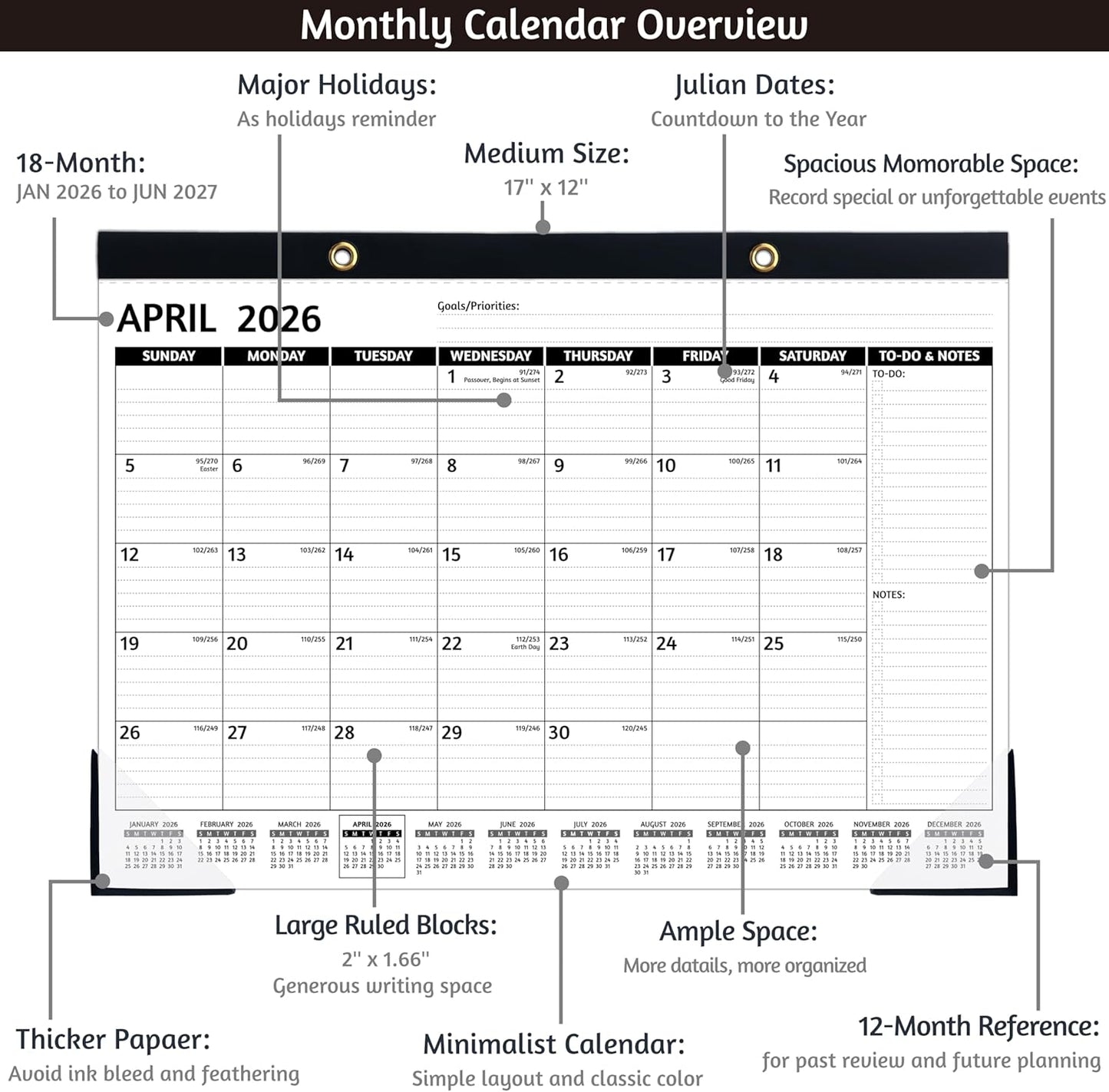 2026-2027 Desk Calendar – Run Now to MAR. 2027, 18 Monthly Desk Calendar 2026-2027 Large, 17'' x 12'', Best Desk/Wall Calendar 2026 with To-do Lists, Desk Pad, Ruled Blocks, Corner Protectors