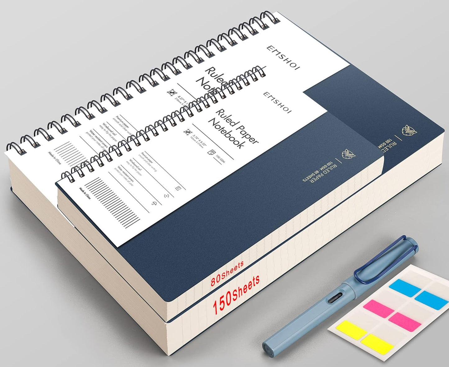 EMSHOI A5 Spiral Notebook College Ruled Lined Journal, Small 5.7" X 8.22", 300 Pages/150 Sheets, 100gsm Thick Paper, Waterproof Hardcover, for Office School Women Men Work Writing Notes, Blue