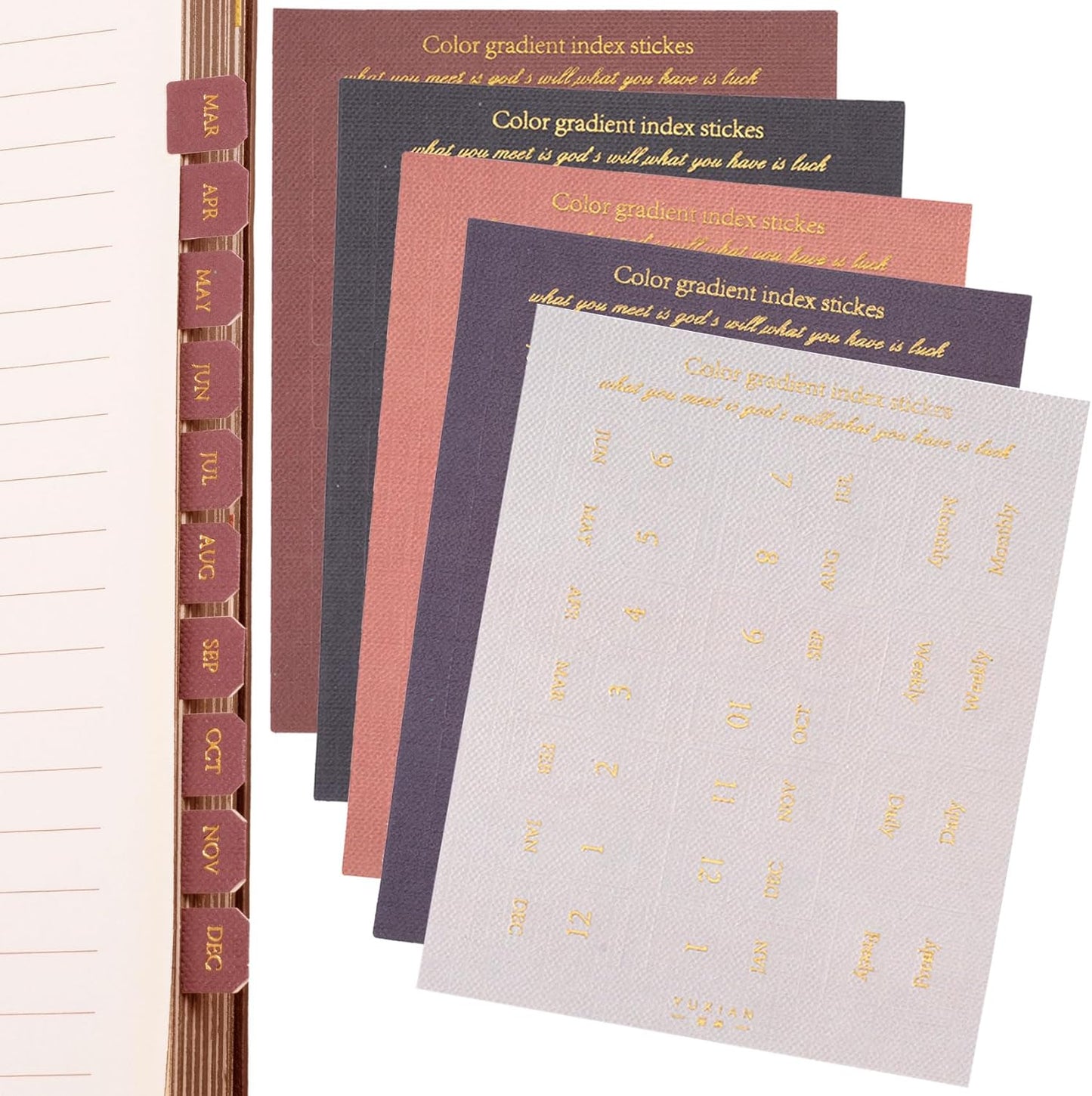 OIIKI 180pcs Planner Monthly Tabs, Self-Adhesive Index Tabs Stickers, Gradient Sticky Page Markers Labels for Document Notebooks Books Project Binders Office- 5 Colors(D Style)