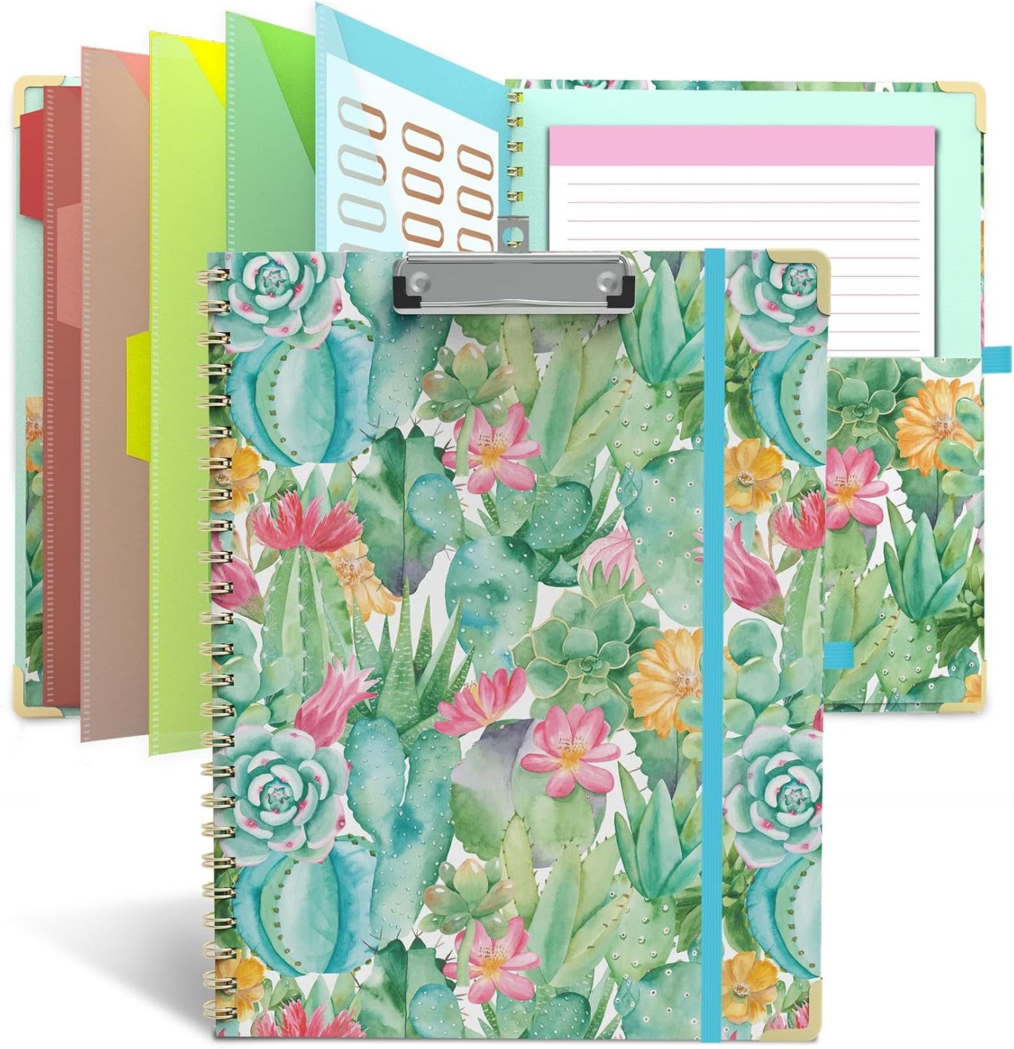 Clipboard Folder with Notepad Refillable Lined for Letter Size (11" x 8.5"), 5 Dividers with Storage 10 Pockets, Cute Spiral Foldable Clipboard with Metal Clip School Office Supplies (Sunflowers)