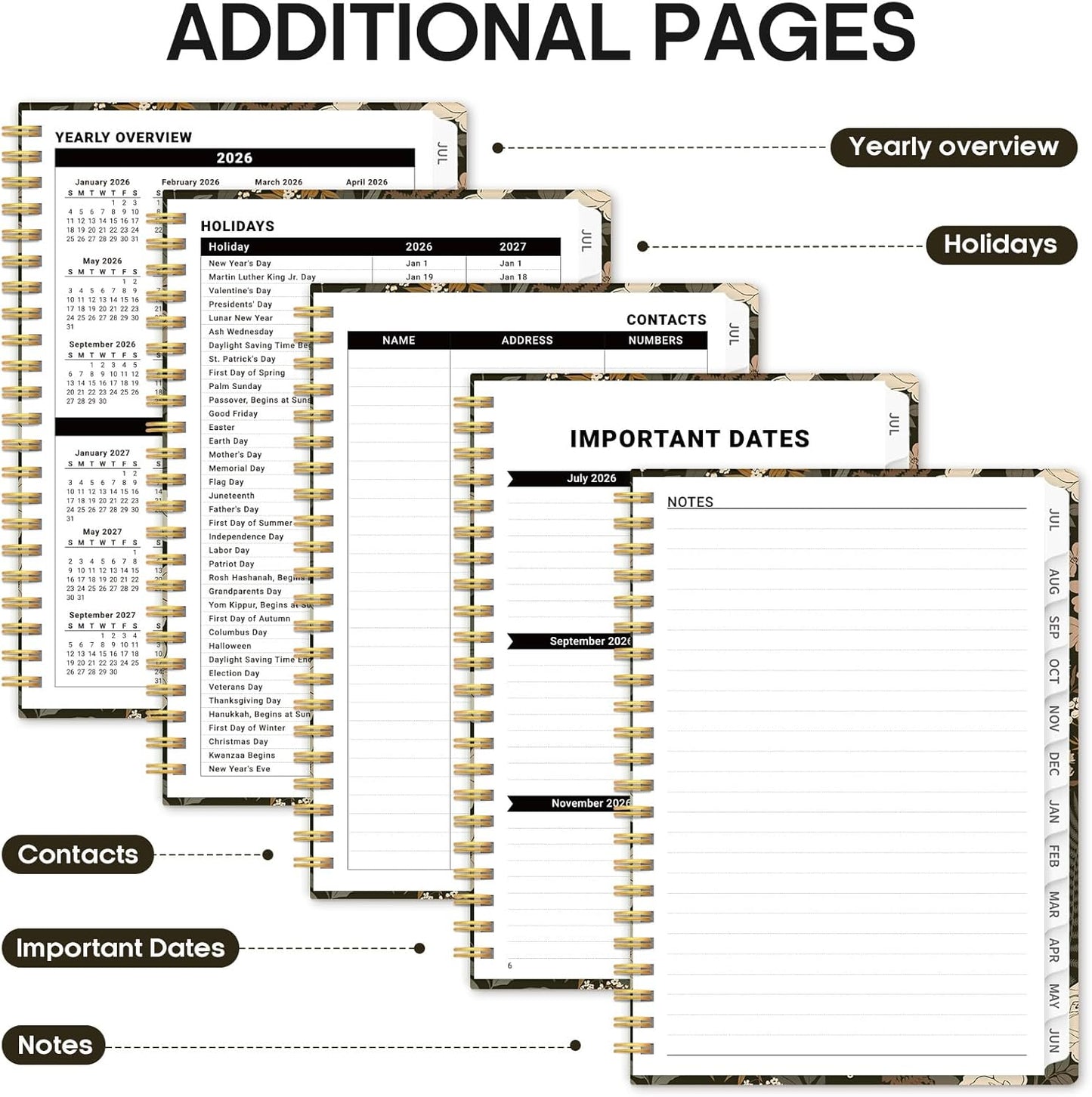 Planner 2026-2027, Academic Year Monthly and Weekly Calendar Planner, Jul 2026 - Jun 2027, Hardcover Teacher Student Planning Agenda book with Tabs, Perfect for School Office Supplies, 6.3" x 8.5" - Wildflowers