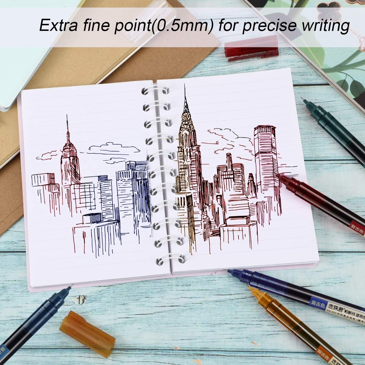 Frienda 12 Pieces Rolling Ball Pens 0.5 mm Japanese Quick Drying Fine Point Pens Liquid Ink Smooth Writing for Office Student Back to School Supplies(Multicolor)