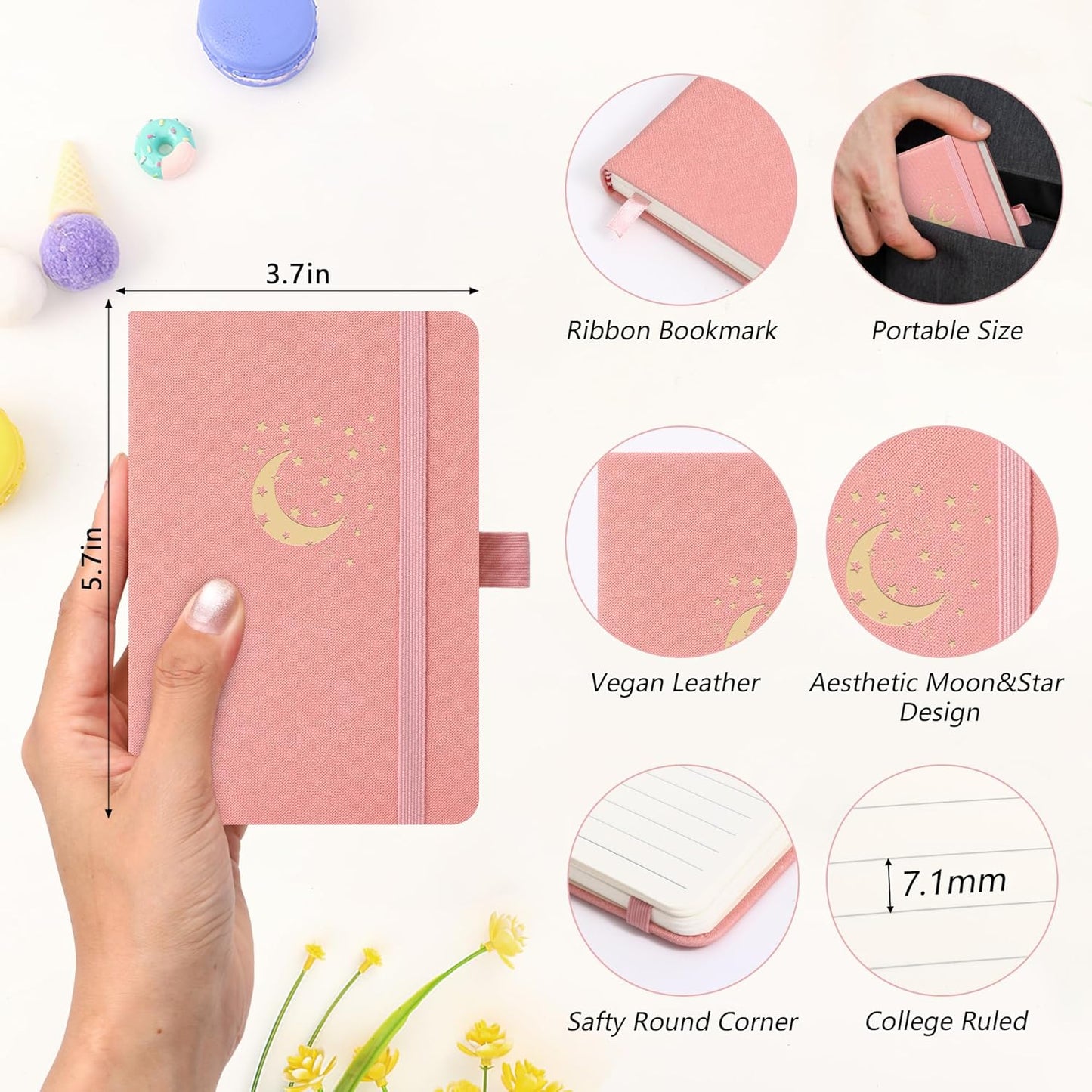 BOBO RABBIT 3 Pack Pocket Small Notebooks Total 600 Pages A6 Moon Star Aesthetic Mini Compact Journal Notebook For Note Taking Journaling Hardcover Leather College Ruled Lined Note Pads for Women Men Travel Office School