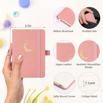 BOBO RABBIT 3 Pack Pocket Small Notebooks Total 600 Pages A6 Moon Star Aesthetic Mini Compact Journal Notebook For Note Taking Journaling Hardcover Leather College Ruled Lined Note Pads for Women Men Travel Office School