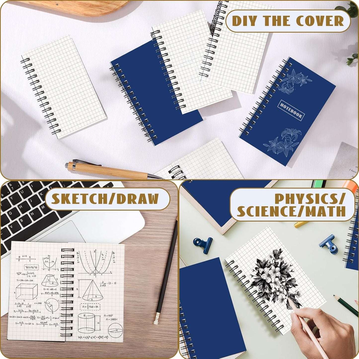 Jutom 6 Pcs Small Graph Paper Pads Notebook Mini Spiral Notebooks Grid Paper 3 x 5 Inch Pocket Notepads 120 Pages Mini Notepads for Office School Work Math Meeting (Black)
