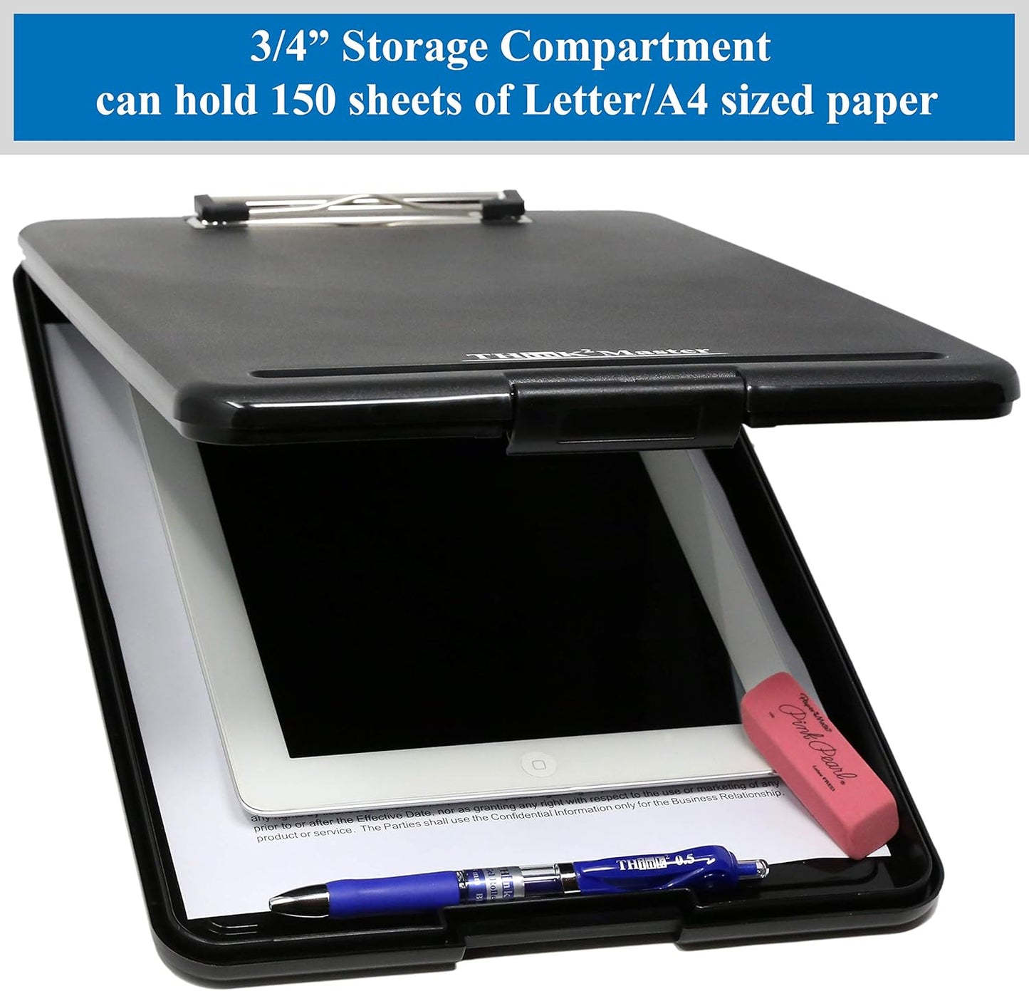 Think2Master Black Plastic Storage Clipboard. | 25% Heavier & 25% Sturdier| Heavy Duty and Won’t Flex or Bend Like Other Brands (Compare The Weight). Storage Compartment Holds 150 Letter Sized Paper.