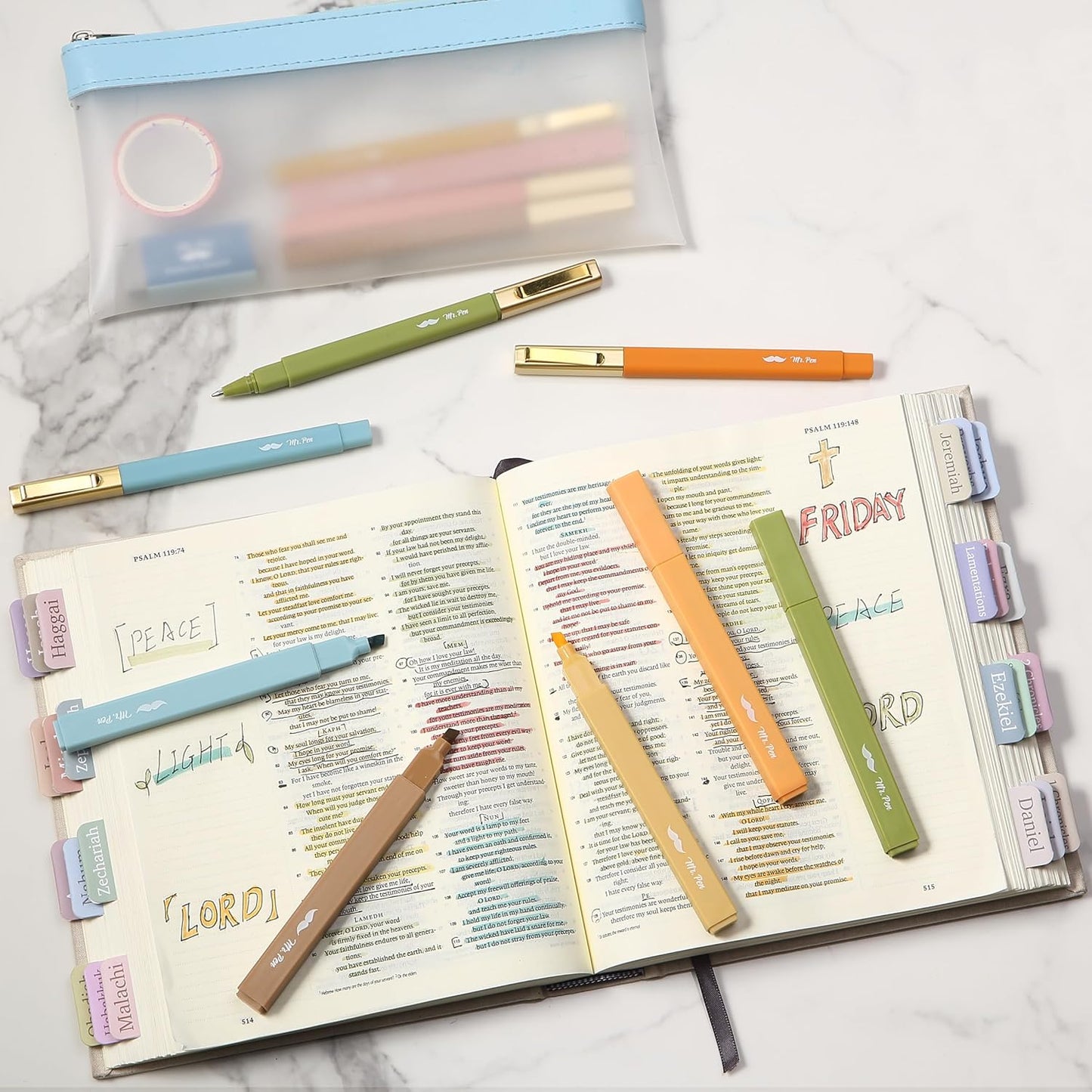 Mr. Pen- Aesthetic Highlighters and Ballpoint Pens No Bleed, 12 Pack, Pastel Colors, Bible Highlighters and Pens No Bleed, Fast Dry and No Smear for Bible Journaling, Planner, School Supplies