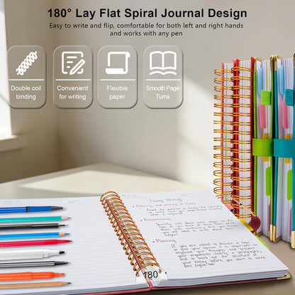 Hardcover Spiral Notebook College Ruled, 8"x10" Leather Journal Notebook with Magnetic Closure, 300 Pages 5 Subject Notebook with Dividers Tabs Journal for Women Men, Work, School(Rose Red)