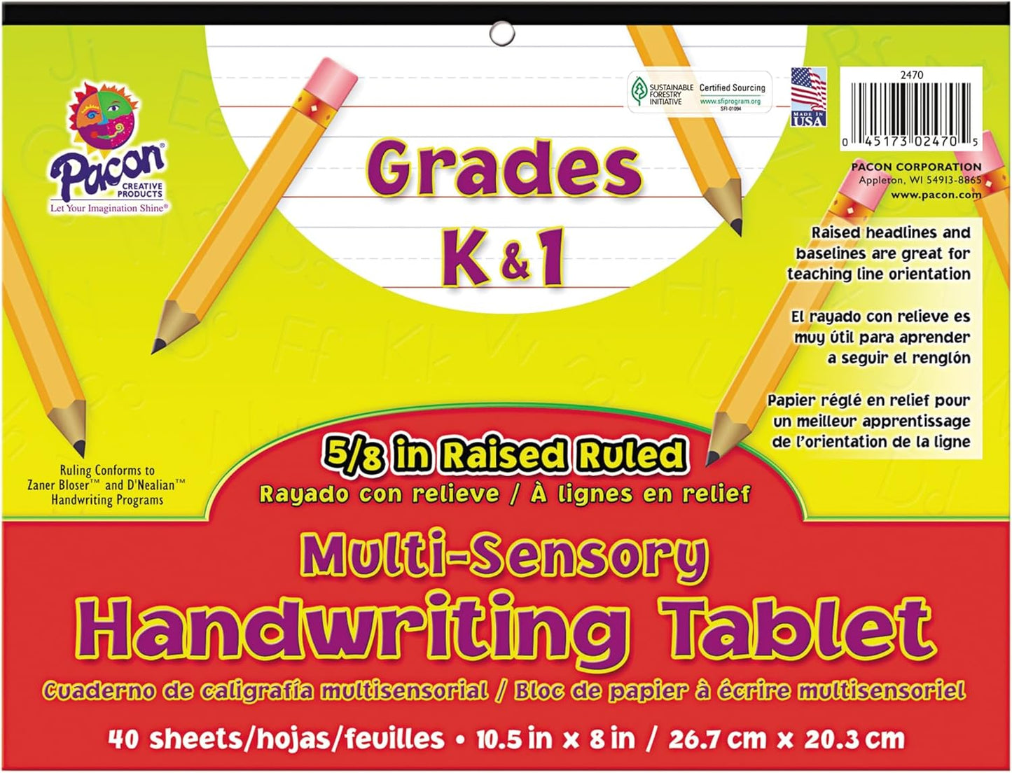 Pacon 2470 Multi-Sensory Handwriting Tablet, 10-1/2 x 8, 40 Sheets/Pad