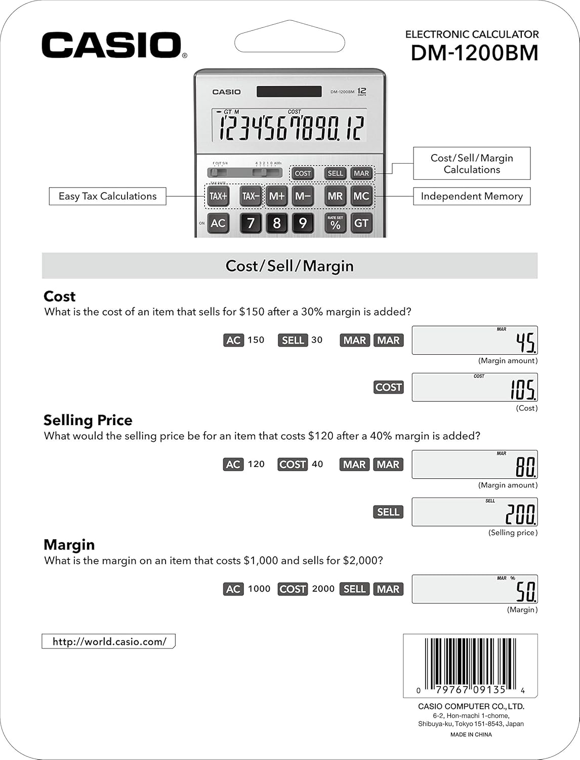 Casio DM-1200BM – Business Desktop Calculator with Cost/Sell/Margin & Tax Keys | Extra-Large 12-Digit Display, Kickstand | Ideal for Office & Finance Use