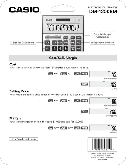 Casio DM-1200BM – Business Desktop Calculator with Cost/Sell/Margin & Tax Keys | Extra-Large 12-Digit Display, Kickstand | Ideal for Office & Finance Use