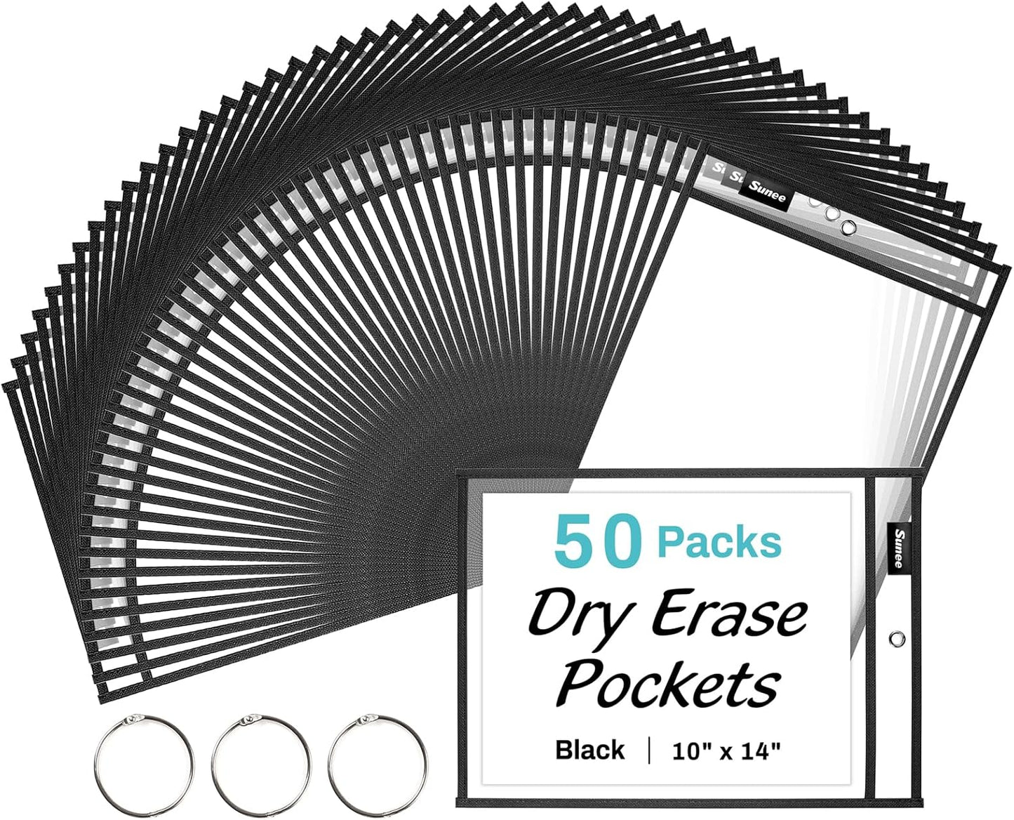 SUNEE 30 Packs Oversized Reusable Dry Erase Pocket Sleeves with 2 Rings, Black 10x14 Ticket Holders, Clear Plastic Sheet Protectors, Teacher School Classroom Supplies