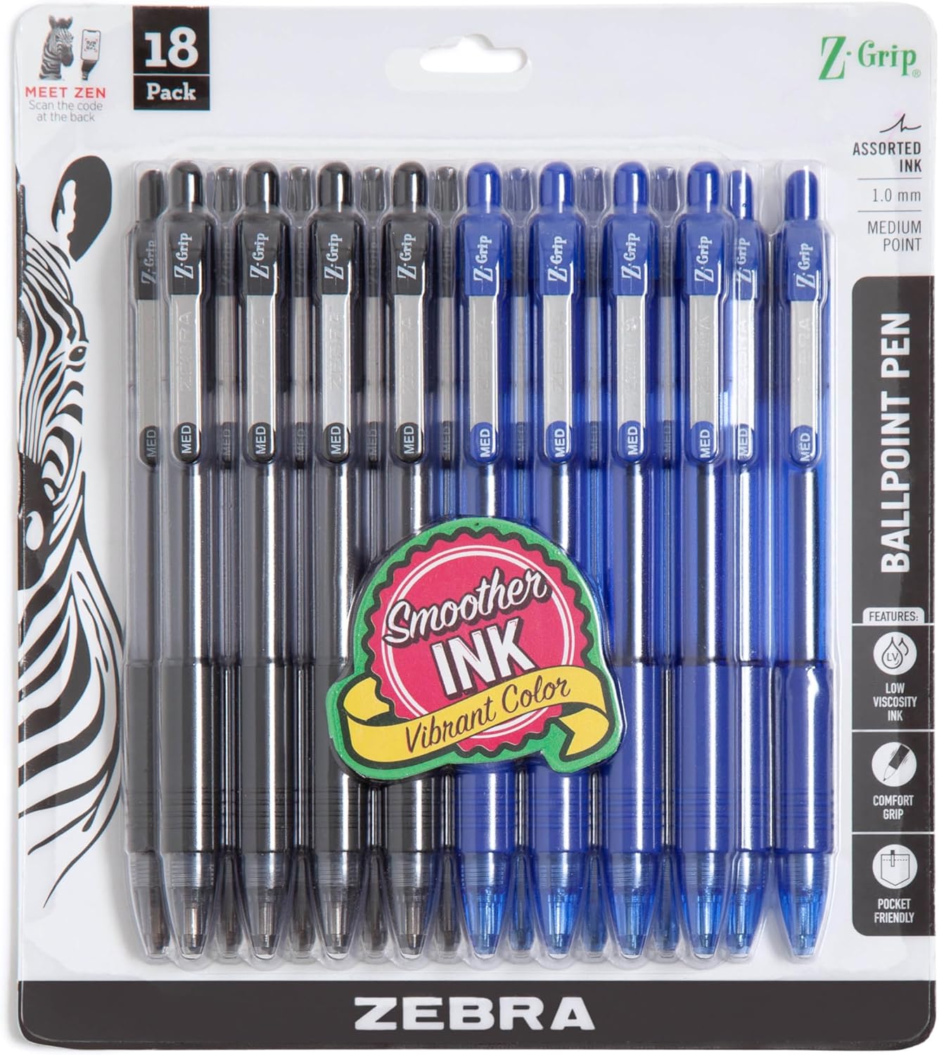 Zebra Pen Z-Grip Retractable Ballpoint Pen, Smooth-Flowing Black Ink, 1.0mm Medium Point, School & Office Supplies, Ideal for Note-Taking, Journal and Planner Use, 18-Pack (22218)