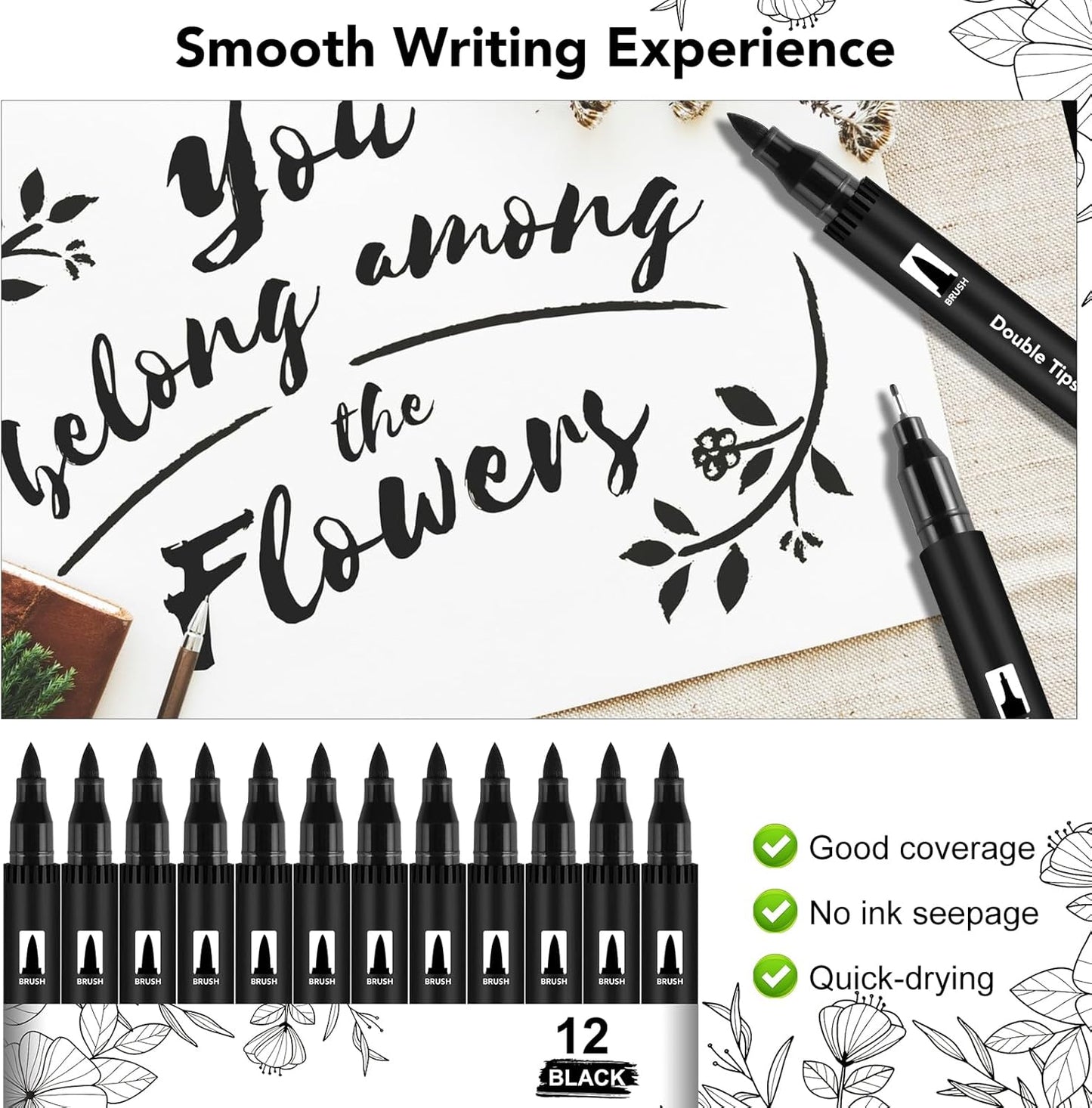 Thboxes 12 Pack Black Drawing Pens, Dual Tip Brush Fineliners Pens Washable Brush Tip Markers for Adults Art Drawing Sketching Journaling Calligraphy