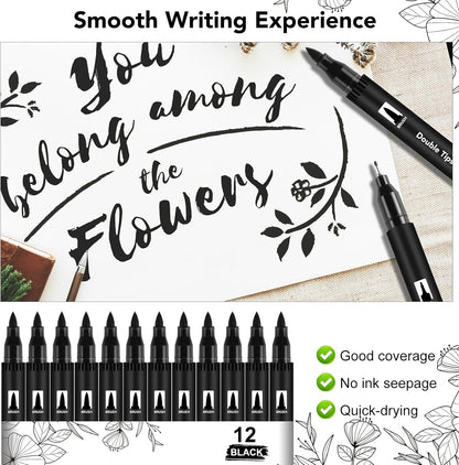 Thboxes 12 Pack Black Drawing Pens, Dual Tip Brush Fineliners Pens Washable Brush Tip Markers for Adults Art Drawing Sketching Journaling Calligraphy