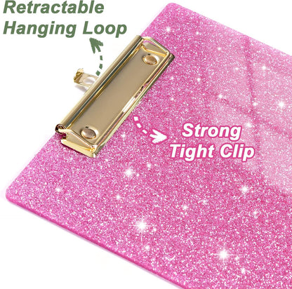 Rimilak Acrylic Glitter Clipboards, Sparkly Board with Low Profile Gold Clip, Designed for Classroom School and Office Use, A4 Letter Size 9 x 12.5 in, Pink