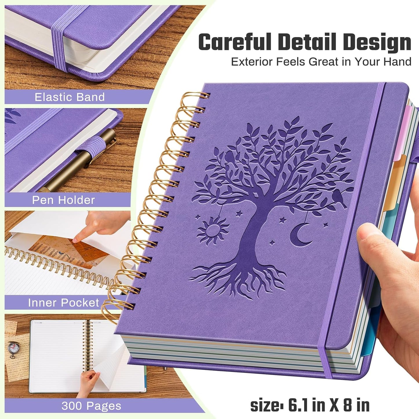 Ovesmusl Hardcover Spiral Notebook 8.5" x 11" with 5 Removable Dividers 300 Pages Leather 5 Subject Notebook College Ruled 100GSM Large Spiral Notebooks for Work Thick Lined Journal for Women, Green