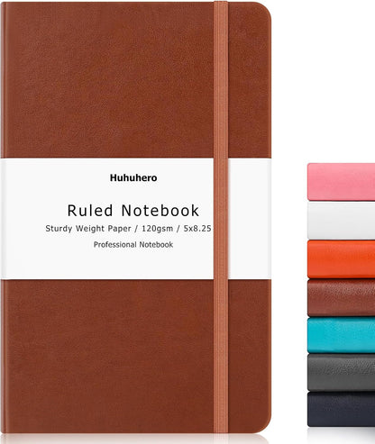 Huhuhero Lined Journal Notebooks for Work, Hardcover Leather Journals for Writing Women Men, 120Gsm Thick Paper College Ruled Notebook, Office School Supplies, 5.25"×8.25" (1, Matte Black)