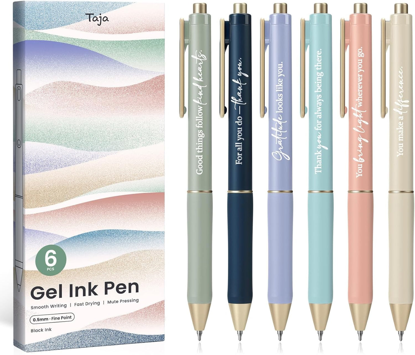 Taja Gel Pens, 6 Pcs Quick Dry Black Gel Ink Pens, 0.5mm Fine Point Smooth Writing Pens for Journaling and Note Taking, Cute Aesthetic Pens for Women & Men-Pastel