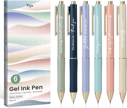 Taja Gel Pens, 6 Pcs Quick Dry Black Gel Ink Pens, 0.5mm Fine Point Smooth Writing Pens for Journaling and Note Taking, Cute Aesthetic Pens for Women & Men-Pastel