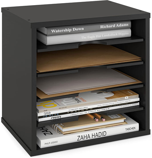 Ballucci 5-Tier File Organizer for Desk, Wooden Mail Sorter, Office Desk Organization, Paper Storage Organizers, Folder holder for desk, Letter Trays & Stacking Supports, Adjustable Shelves, Black