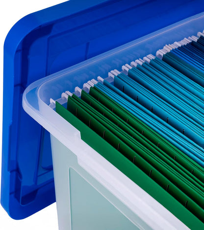 IRIS USA File Box, Plastic File Boxes With Lids, Document Organizer for Letter/Legal File, Document Box, Storage Bin For Hanging Files, Secure Latching Lid Stackable BPA-Free, Clear 35 Qt. 1 Pack