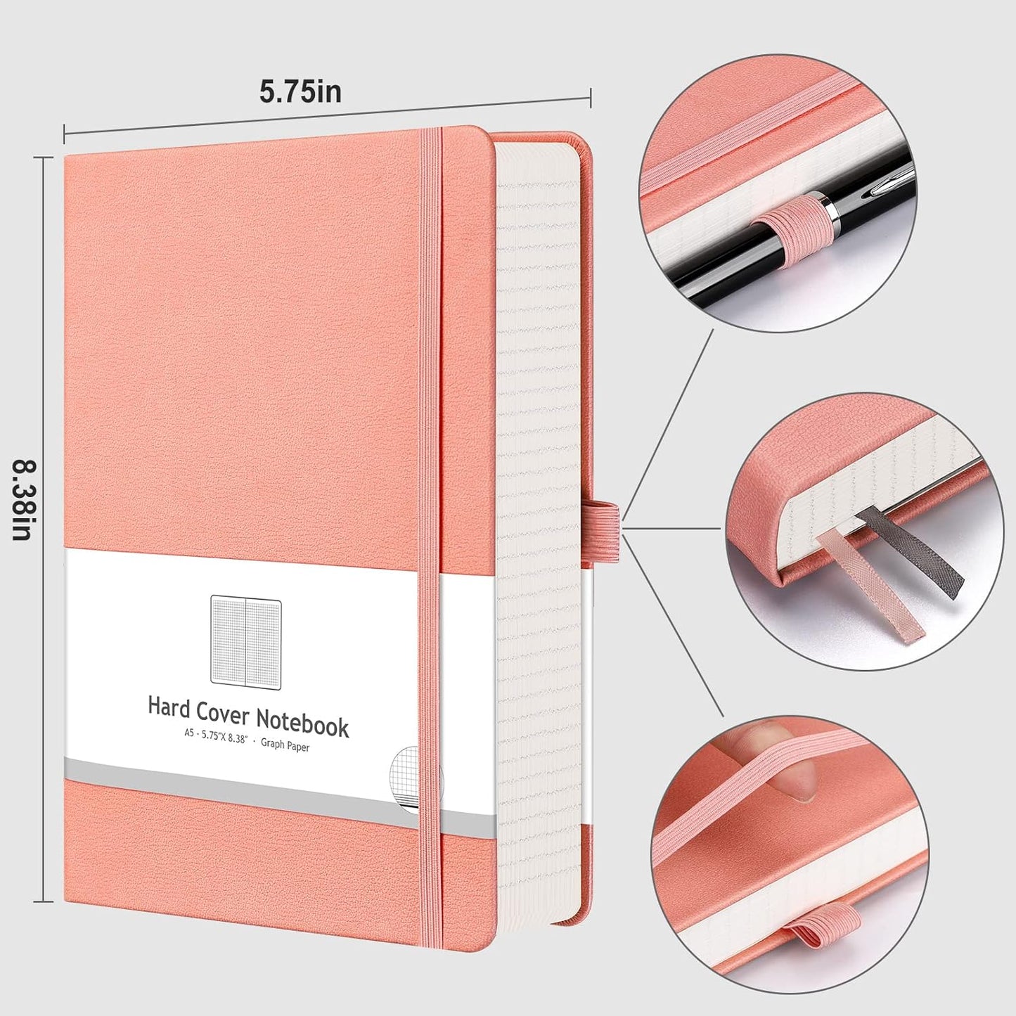 AHGXG Graph Paper Notebook - Grid Paper Notebook Large A4 8.5''×11'', 320 Pages Thick Journal, 100gsm Thick Graph Paper, Leather Softcover, Inner Pocket - Black
