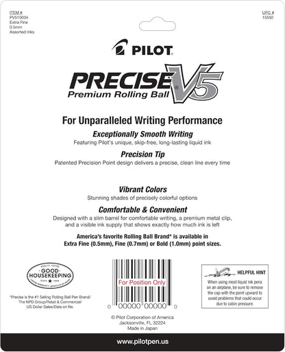 PILOT Precise V5 Rolling Ball Pen Extra Fine Point 0.5mm, 5 Black and 5 Blue Liquid Ink Rollerball Pens. pack of 10