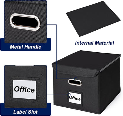 CADONO File Organizer Box with Lid, Large Hanging File Folder Organizer with Plastic Slide, Collapsible Portable Filing Storage Boxes for Office/Decor/Home (Black, 14.9 x 12.59 x 10.8 inch)