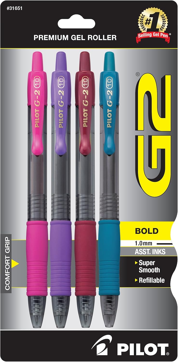 PILOT G2 Premium Refillable and Retractable Rolling Ball Gel Pens, Bold Point, Black Ink, 4-Pack (31254)