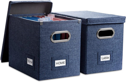 PRANDOM File Organizer Box - Collapsible Decorative Linen Filing Storage with Lids for Letter Size - Grey (14x9.3x10.8 inch)