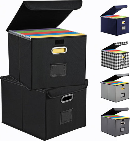 Hleelomi Collapsible File Box with Lid & Plastic Slide - Hanging Document Organizer for Office/Home, 14.96x12.6x10.83 Inch,Decorative Home File Bin,Black, 1 Pack (No Folders Included)