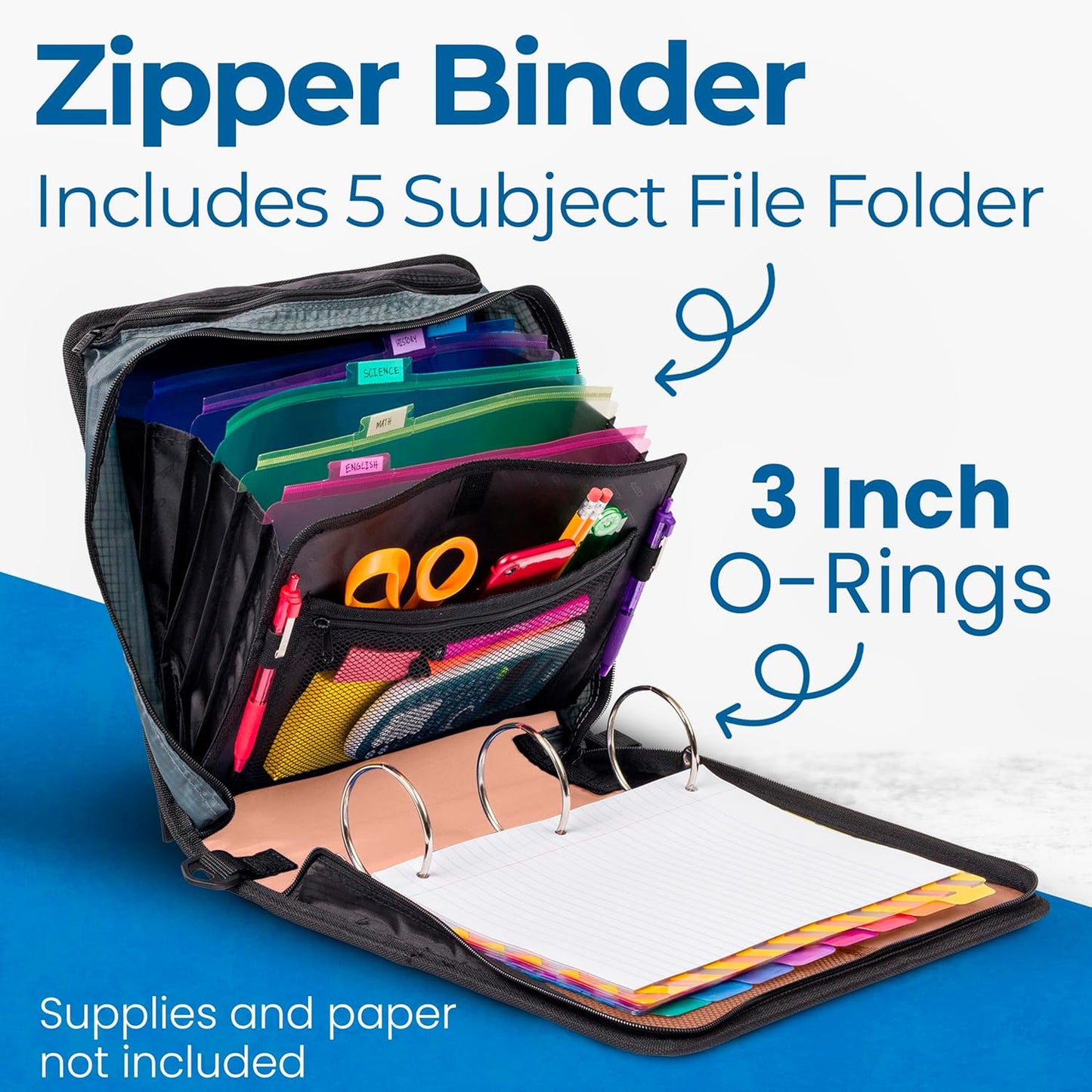 Case-it Mighty Zip Tab School Zipper Binder | 3-Inch O-Rings, 600-Sheet Capacity, 5-Subject Expanding File Folder, Multiple Pockets & Storage Organizer, Shoulder Strap | D-146 Jet Black