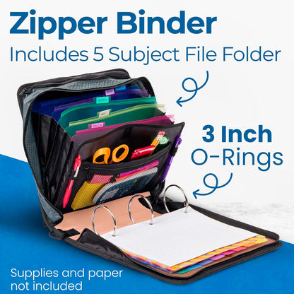 Case-it Mighty Zip Tab School Zipper Binder | 3-Inch O-Rings, 600-Sheet Capacity, 5-Subject Expanding File Folder, Multiple Pockets & Storage Organizer, Shoulder Strap | D-146 Jet Black